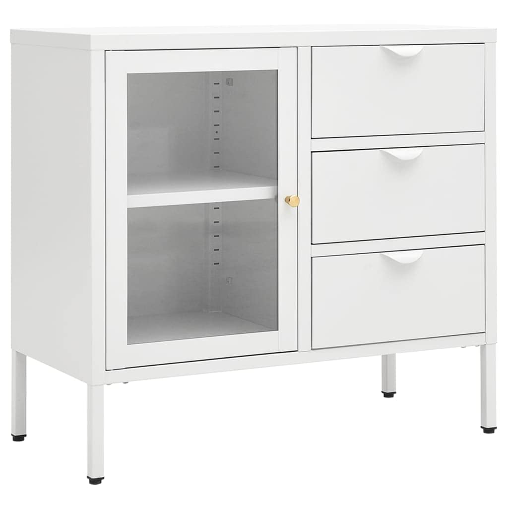 vidaXL Steel and Tempered Glass Sideboard in Classic White with Adjustable Shelf and Drawers - Ideal for Lounge, Office, Bedroom Storage